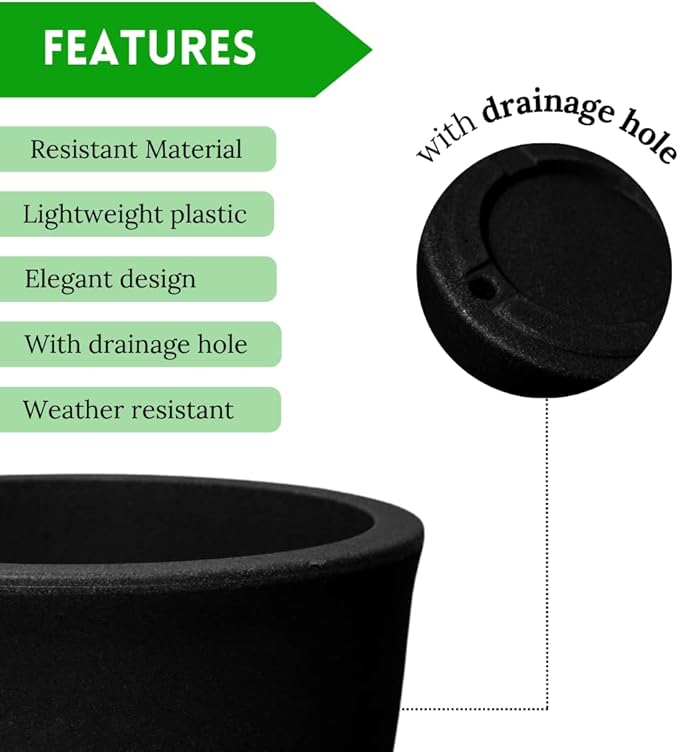 Elly Décor 12 inch Planter for Garden with Drainage, Large Round, Lightweight & Extremely Durable, Deck Indoor/Outdoor Plastic Pot, 12"x12"x7", Black