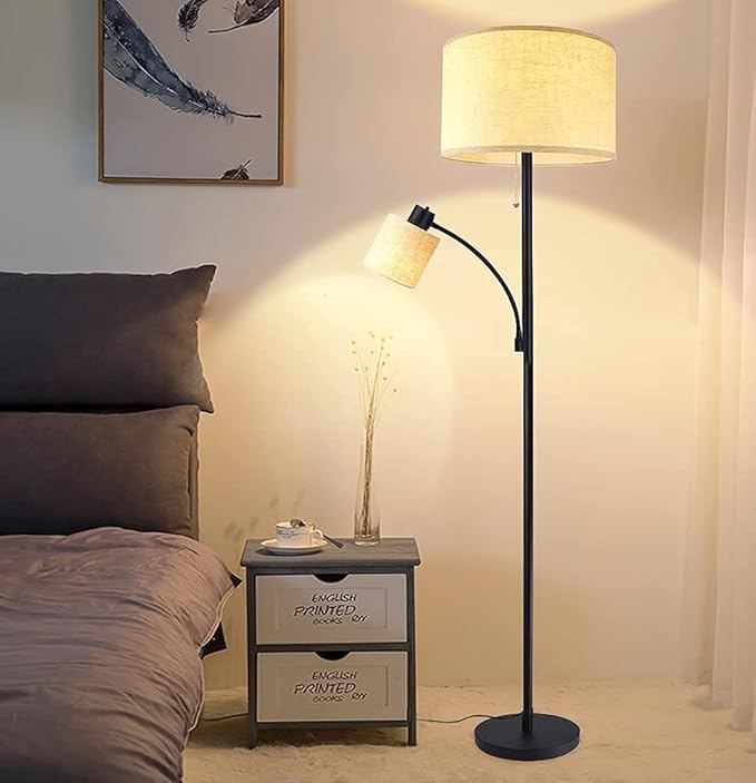 DLLT Living Room Standing Floor Lamps for Reading, Modern Tall Pole Lamp for Contemporary Home with Adjustable Side Light, Mid-Century Industrial Lighting with Drum Shade for Bedroom, Office, Metal