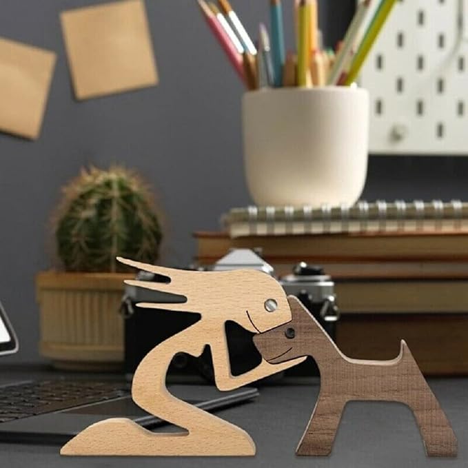 Unique Gift Hand Carved Wood Dog Human Statue Figurine Sculpture Home Office Décor, Wooden Man Dog Carving Model to Remember Friendship Between Dog and People (F)