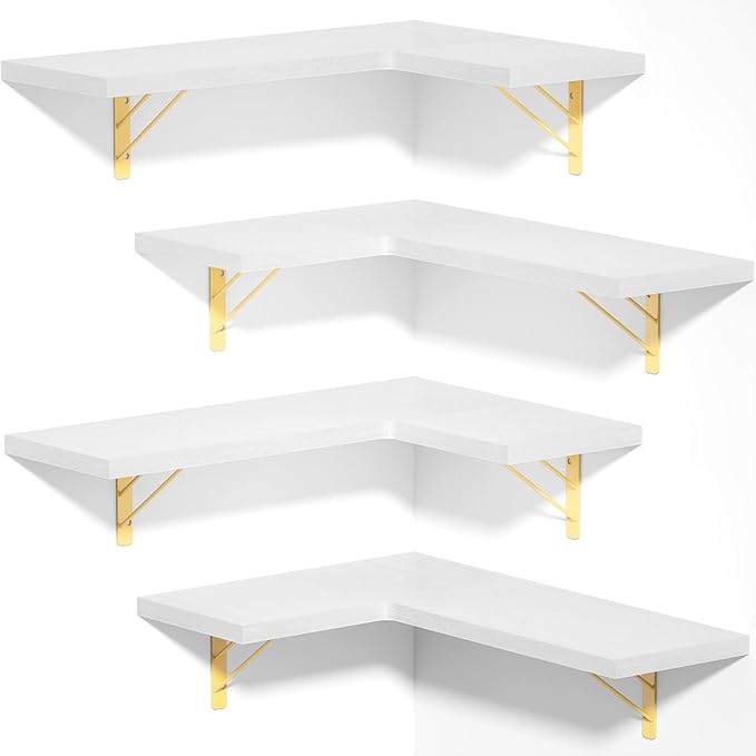 Love-KANKEI Corner Shelf Wall Mounted,Floating Wall Shelves for Storage,Rustic Wood Hanging Shelves for Display,Bedroom Bathroom Living Room Kitchen,Set of 4,White