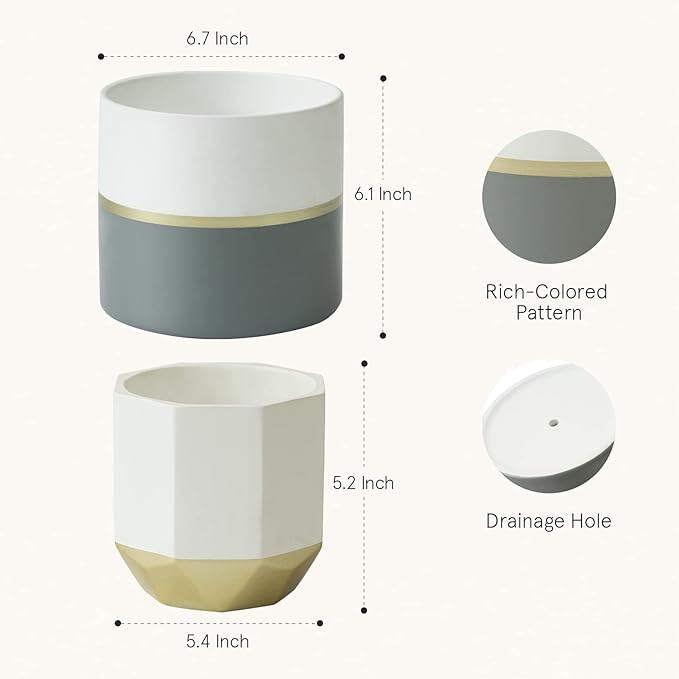 LA Jolie Muse White Ceramic Flower Pot Garden Planters 6.7 Inch Pack 2 Indoor Plant Containers with Gold and Grey Detailing