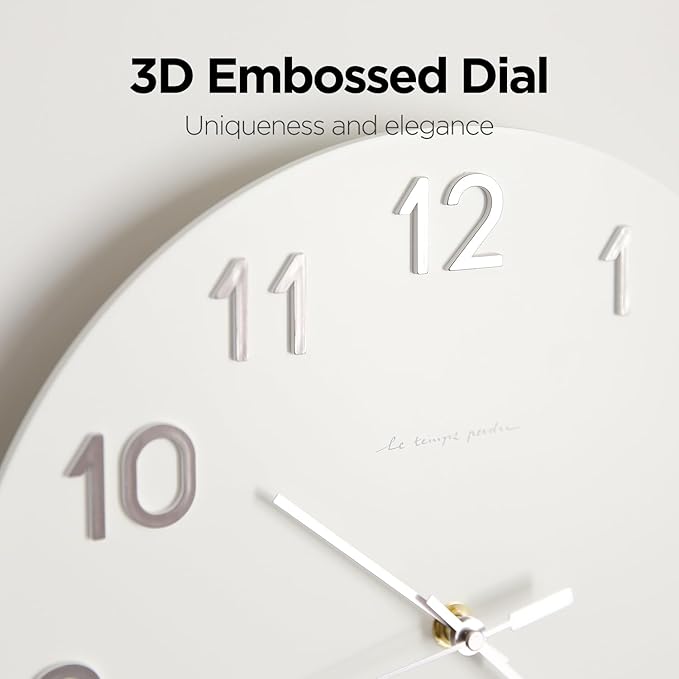 mooas 3D Numbers Modern Wall Clock, 12" Silent Non-Ticking Sweep Movement Decorative Battery Operated Analog Wall Clock for Home Décor Living Room Kitchen Bedroom Office School Hotel (Cream)