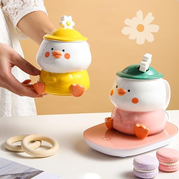 Cute 3D Duck Coffee Mug,Funny Duck Ceramic Coffee Cup with Hat Lid and Lovely Flower Spoon,White Elephant Gifts for Adult Women Men Friends Gag Gifts Christmas Birthday Gifts for Women Girls