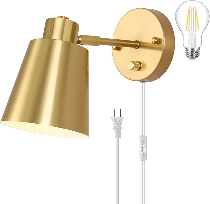 Dimmable Wall Sconce, Plug in Wall Sconce Adjustable Angle Wall Lights with Plug in Cord and Dimmer On/Off knob Switch, Gold Wall Mounted Light for Bedside Bedroom Doorway(1 Pack, 1 Bulb)