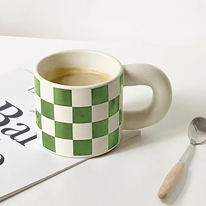 Ceramic Coffee Mug,Tea Cup with Porcelain Fat Round Handle,Dishwasher&Microwave Safe Mug to Decorate,12 oz, Modern,Simplicity Unique Style For Any Kitchen. (Green white grid)