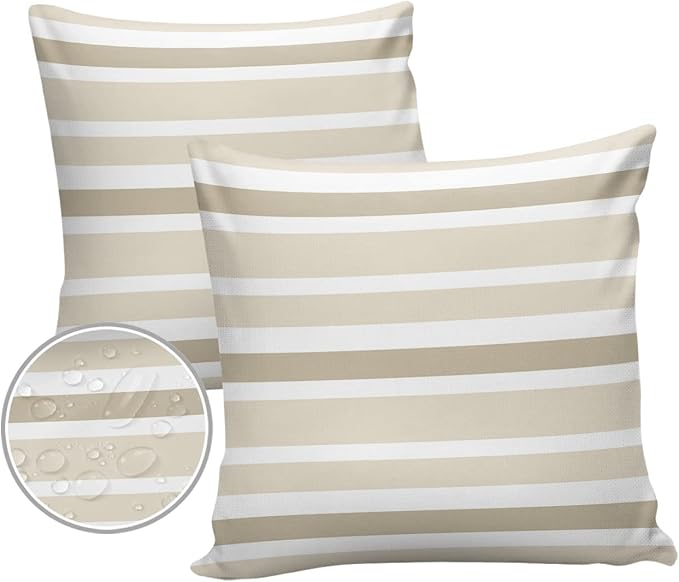 Outdoor Waterproof Throw Pillow Covers Set of 2 Khaki Beige Stripes Decorative Outdoor Pillows Cushion Case 26x26 Inch Classic Striped Patio Pillows for Couch Sofa Bed Garden Office Home Decor