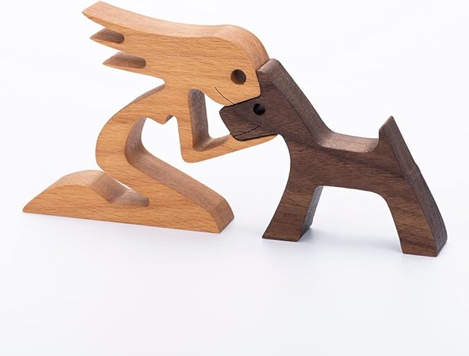 BOBO BIRD Wooden Dog Cat Family Statue, Handmade Wood Decoration, Cute Puppy, Kitty and People Sculpture Ornament Collectible Figurine Craft Arts for Home Office Living Room (Women+Puppy(L))