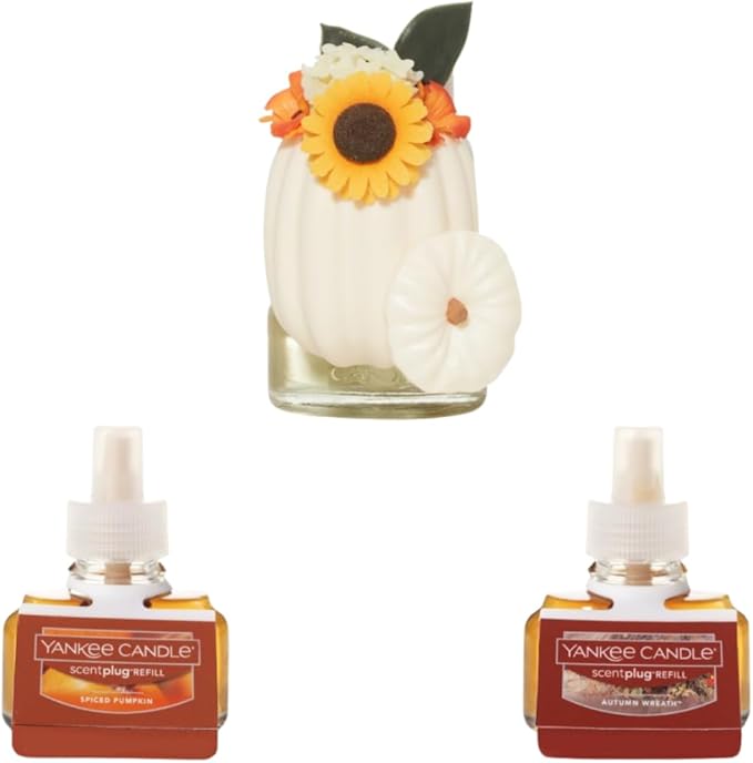 Yankee Candle Fall Fireside Blend Variety Pack - Scent Plug Diffuser Pumpkin Arrangement with Light Sensor, Scent Plug Refill Spiced Pumpkin and Autumn Wreath Variety Pack