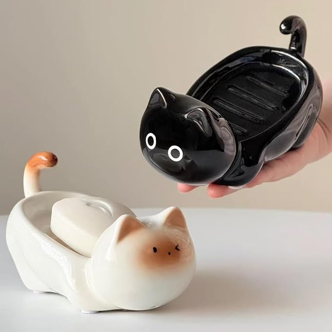 Bar Soap Holder, Cute Ceramic Cat Soap Dish - Self Draining - Small Shower Bar Soap Holder for Soap Bar Holder for Shower, Dish Soap Holder, Soap Dish for Shower (Black)