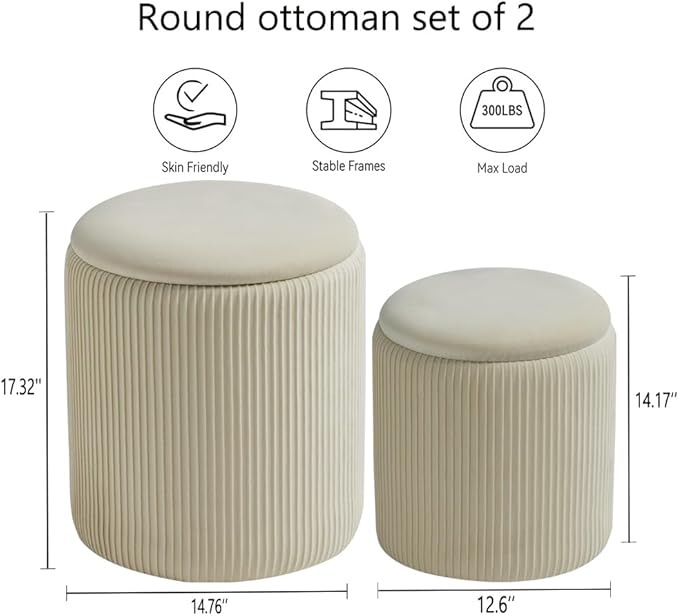 Round Set of 2 Ottoman with Storage-Upholstered Velvet Vanity Stool for Makeup Multifunctional Ottomans Coffee Table Padded Seat Foot Rest for Living Room&Bedroom(White)