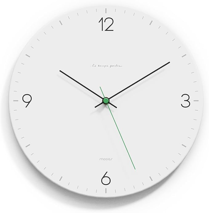 mooas Flatwood Wall Clock,12" Non-Ticking Sweep Movement Decorative Battery Operated Wall Clock for Home Living Room Kitchen Bedroom Office School (Simple White)