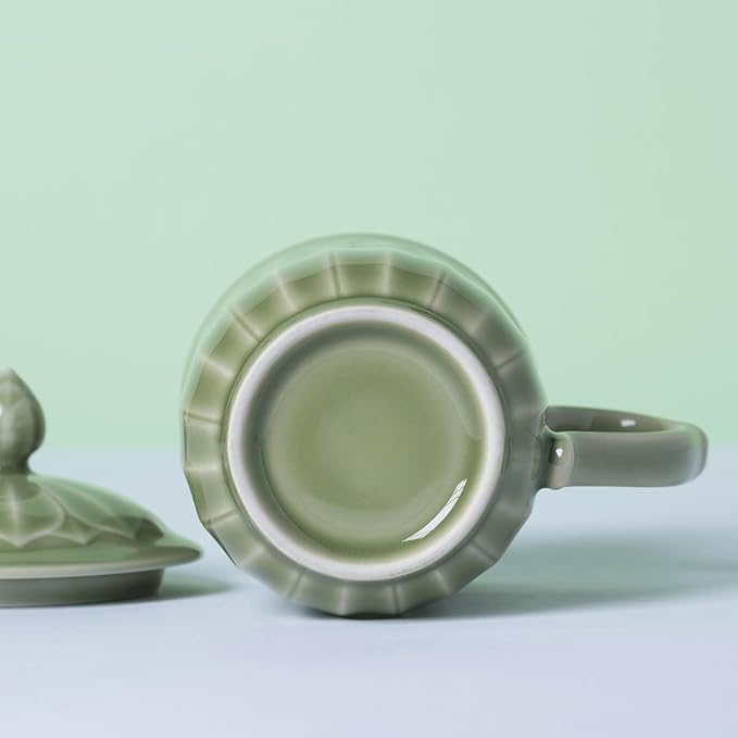 Porcelain Lotus Tea Cup with Lid and Handle, 12 oz Unique Coffee Mug, Microwave Dishwasher Safe, Gifts for Women and Men, Aesthetic Chinese Celadon 1 Pack (Kiwi Green)