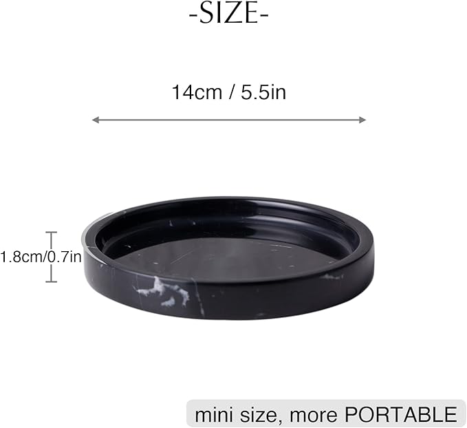 100% Carved Marble Round Vanity Tray 5.5'', for Kitchen Bathroom Countertop, Nightstand Decor, Candle Holder, Jewelry Rind Dish, Trinket Plate, Table Accents, Black
