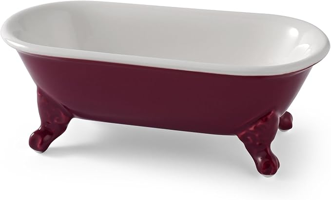 6.5" Ceramic Mini Decorative Clawfoot Bathtub Bar Soap Dish, Kitchen Sponge Holder and Shower Tray for Bathroom, 1 Pack(Burgundy)