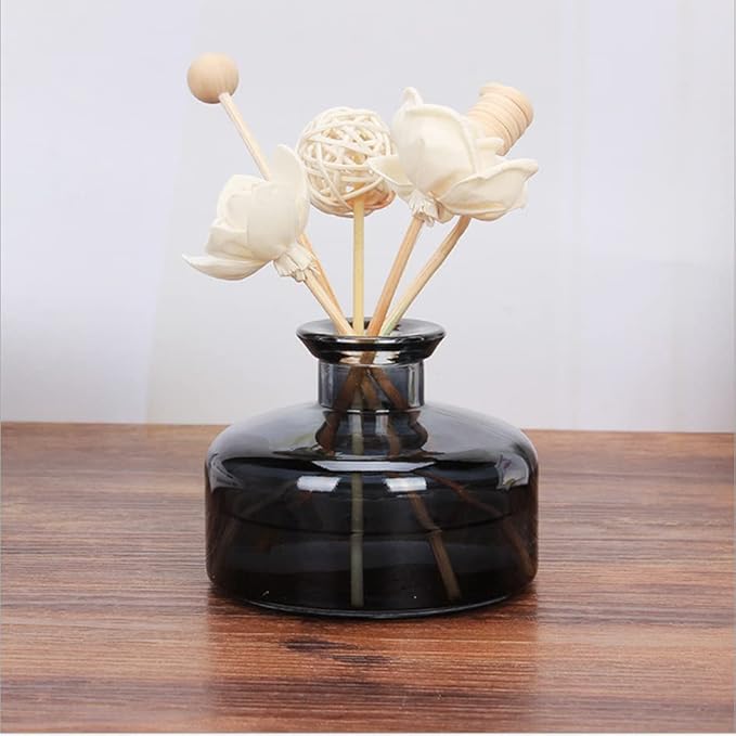 QUUPY 200ml Empty Glass Diffuser Bottle Round Aromatherapy Jar Container Essential Oil Perfume Fragrance Accessories for DIY Replacement Reed Sticks Crafts Decor Black