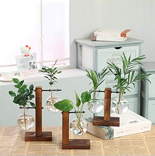Kingbuy Retro Glass Bulb Vase for Plant Propagation - Hydroponic Planter with Wooden Stand, Indoor Water Propagation Station, Desktop Terrarium Glass Planter for Home Garden Plants (2 Bulb Vases