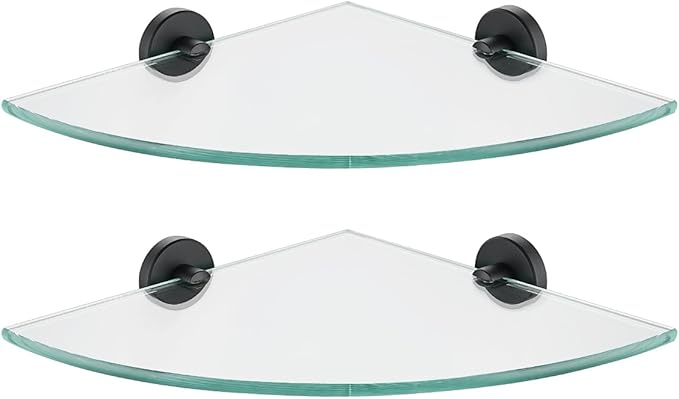 JQK Corner Glass Shelf Black, Bathroom 304 Stainless Steel Shower Triangle Floating Wall Shelf, 10 x 10 Tempered Glass, 2 Pack, TGS190L10-PB-P2