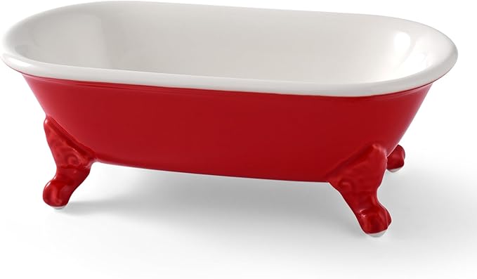6.5" Ceramic Mini Decorative Clawfoot Bathtub Bar Soap Dish, Kitchen Sponge Holder and Shower Tray for Bathroom, 1 Pack(Chili)