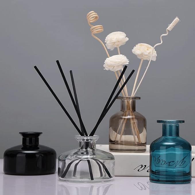 QUUPY 200ml Empty Glass Diffuser Bottle Round Aromatherapy Jar Container Essential Oil Perfume Fragrance Accessories for DIY Replacement Reed Sticks Crafts Decor Black