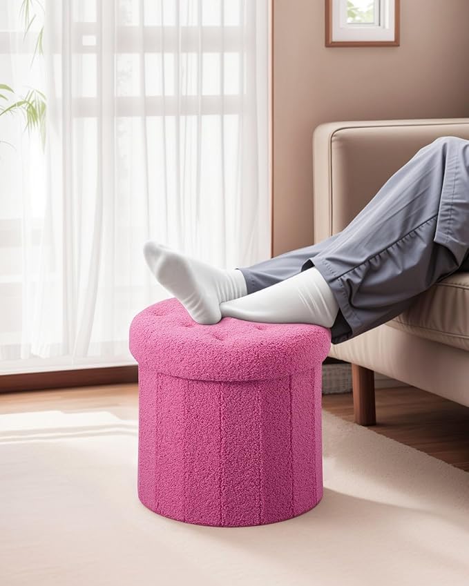 Ottoman with Storage, Foot Rest Stool with Thicker Foam Padded Seat Teddy Velvet Small Round 14“ x 14” x 13 "Inchs Storage Ottoman Bench for Living Room Foldable Pouf Coffee Table 2 Pack, Pink
