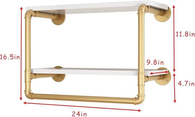 HOMEKAYT 24" Industrial Pipe Shelving Floating Wall Shelves 2 Tier Gold Shelves Multiple Use for Kitchen, Bedroom,Living Room,Bathroom
