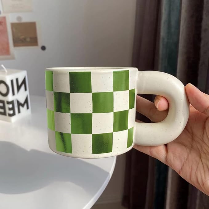 Ceramic Coffee Mug,Tea Cup with Porcelain Fat Round Handle,Dishwasher&Microwave Safe Mug to Decorate,12 oz, Modern,Simplicity Unique Style For Any Kitchen. (Green white grid)