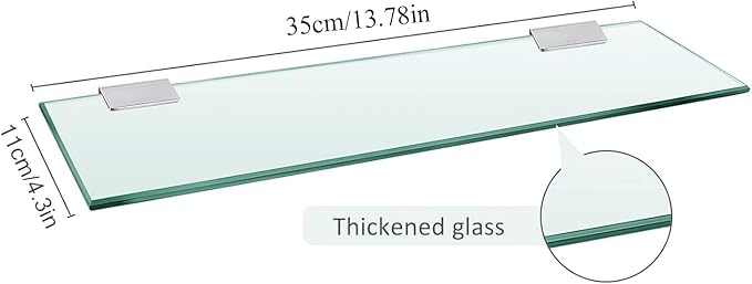 Glass Bathroom Shelf Wall Mounted 13.77 inches Tempered Glass Stainless Steel Tempered Transparent Glass with Chrome Bracket for Bathroom Bedroom Kitchen (2PC)