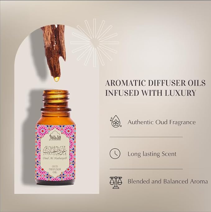 Oud Diffuser Oil, Oud Al Habayeb by Dukhni | 3 x 10ml Arabic Oil for Diffuser & humidifier | 100% Pure Halal, Oudh Essential Oil Blend | Relax with Home Aromatherapy, for Relaxation and Massage