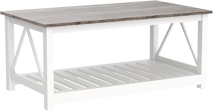 Farmhouse Coffee Table for Living Room, 2-Tier Rectangular Wooden Centre Cocktail Table with Slats Shelf Storage and V-Shaped Frame, Oak Grey