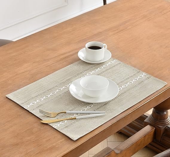 Wracra Cotton Linen Placemats, 12 x 18 Inch Set of 6 Placemats Rustic Hemstitch Place Mats for Kitchen Table and Heat Resistant-Hemstitch Coffee