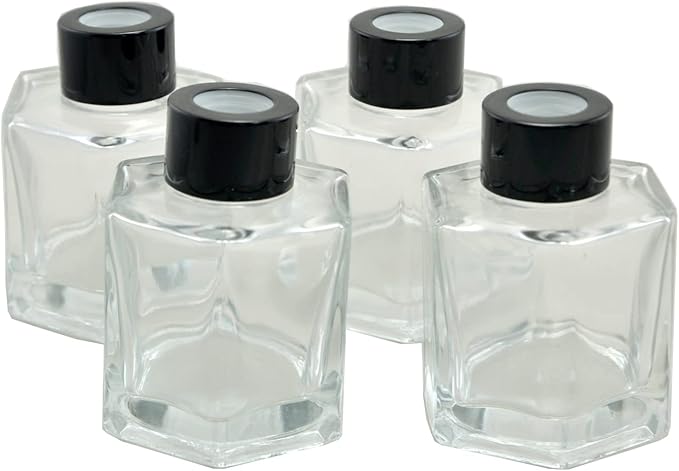 Set of 4 Hexagon Glass Essential Oil Bottles for Home Fragrance Diffuser, (100ml,Black Cap)