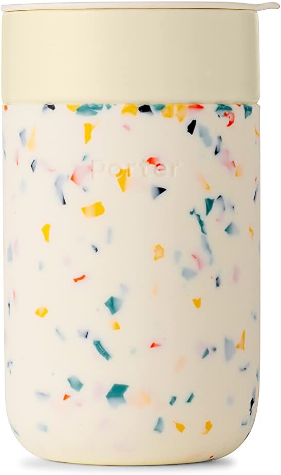 W&P Porter Travel Protective Silicone Sleeve, 16 Ounce Terrazzo Cream, Reusable Cup for Coffee or Tea, Portable Ceramic Mug with BPA-Free Press-Fit Lid, Dishwasher Safe, On-The-Go