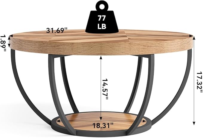 LITTLE TREE Round Coffee Table, 32" Circle Coffee Table for Living Room, 2-Tier Wood Accent Center Table with Open Storage Industrial Design Home Furniture (Wood Grain and Black)