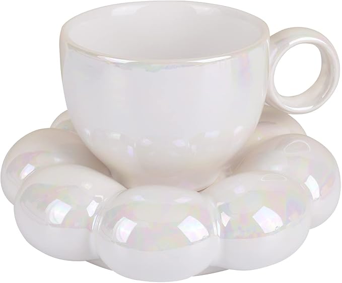 Koythin Ceramic Coffee Mug with Saucer Set, Creative Cute Cup with Sunflower Coaster for Office and Home, 6.5 oz/200 ml for Tea Latte Milk (Pearl White)