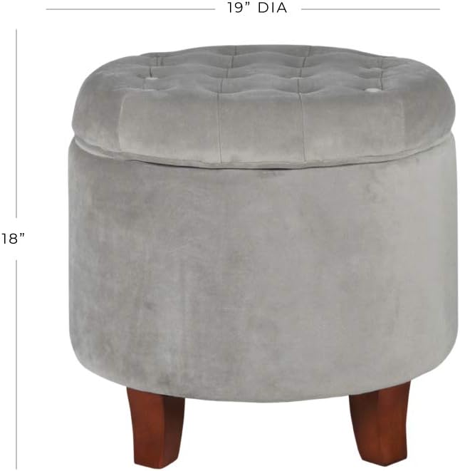 HomePop by Kinfine Fabric Upholstered Round Storage Ottoman - Velvet Button Tufted Ottoman with Removable Lid, Light Gray Small