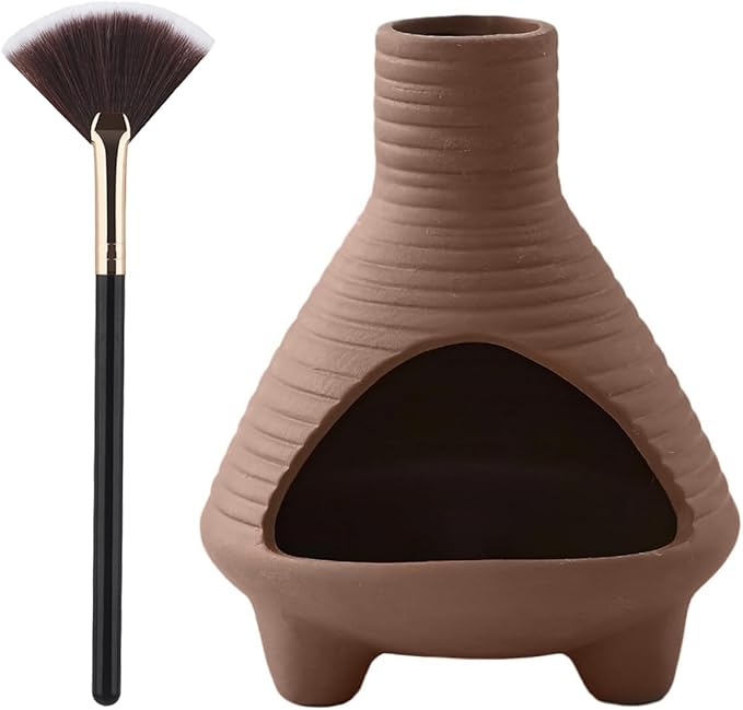 Palo Santo Holder Handmade Ceramics Incense Burner Chimney Dish Smudge Bowl for Palo Santo Sticks Sage Bundles with Brush(Brown) (Aroma Diffuser Red)