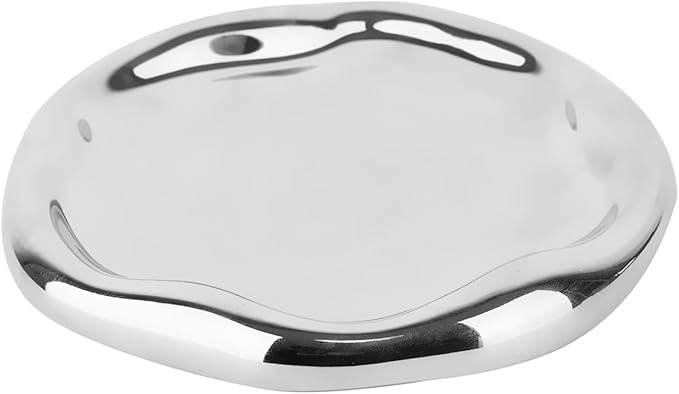 Silver Tray Decorative Vanity Tray Bathroom Tray Jewelry Dish Ceramic Silver Round Plate Holder Makeup Tray Home Organizers Irregular Storage Plate Bathroom organizer (Round)