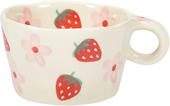 Koythin Ceramic Coffee Mug, Cute Creative Hand Printed Mug Design for Office and Home, 6.5 oz/200 ml for Latte Tea Milk (Strawberries and Flowers)