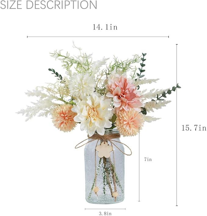 Silk Flowers with Vase, Artificial Flowers Arrangement with Glass Vase Faux Dahlia for Decoration Table Centerpiece (Dahlia White Pink)