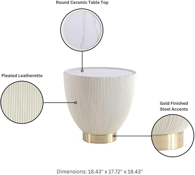 Manhattan Comfort Anderson Modern 18" Round End Table 2.0 | Ceramic Marble Tabletop, Elegant Pleated Leatherette Design & Gold Stainless Steel Base, Fully Assembled Accent Furniture, Set of 2, Cream