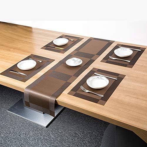 Placemats with Table Runner Sets Place Mats, Woven Crossweave Vinyl Kitchen Tablemat, Washable PVC Mats for Dining Table, Parties, Farmhouse, Thanksgiving, Christmas & Gathering (Brown)