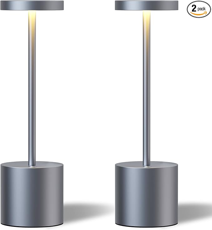 2 Pack Cordless Table Lamps, 5000mAh Rechargeable Battery Powered Lamp, Portable 3 Color Stepless Dimming Desk Lamp,LED Table Light for Outdoor/Cafe/Restaurant/Camping/Home. (Iron Grey)