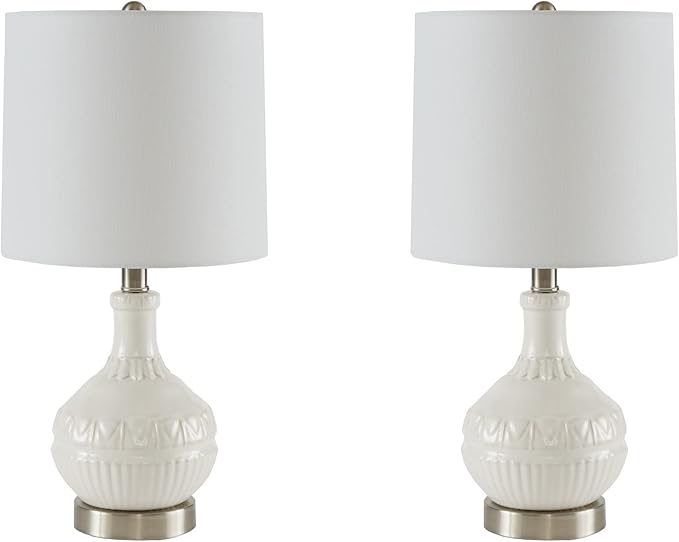 510 DESIGN Gypsy Ceramic Table Lamps for Bedroom, Nightstand Light with Cotton Blend Fabric Shade, Rotary Switch, 72" Corded, 60W, Transitional, Farm House, Used at Desk Side, Living Space - White