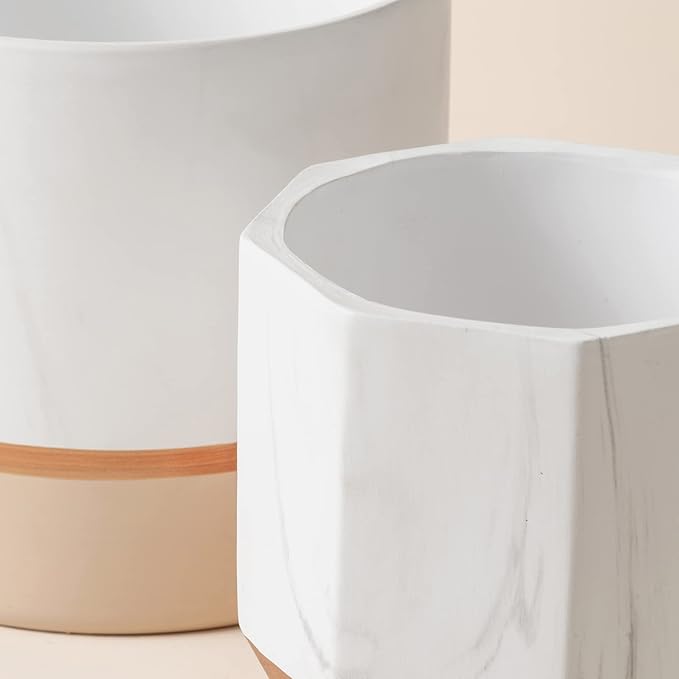 LA JOLIE MUSE White Ceramic Flower Pots - 6.7 + 5.4 Inch Indoor Planters, Plant Containers in a Marble Ink Pattern with Rose Gold and Pink Detailing