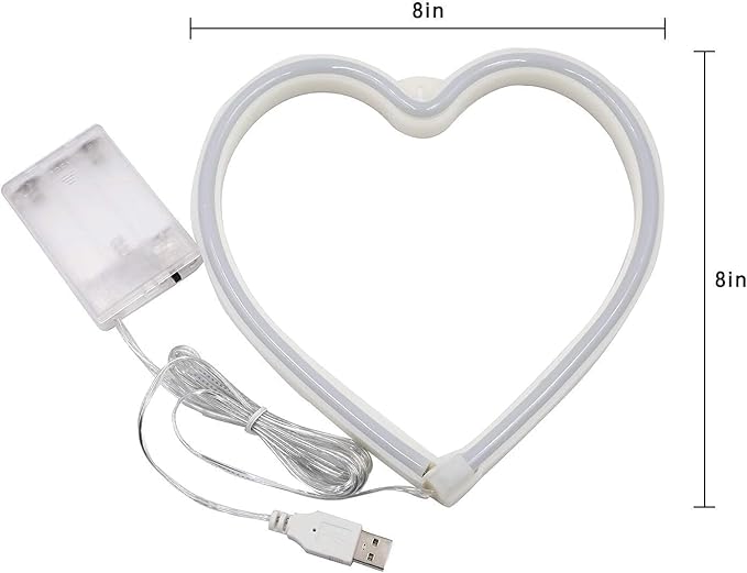 1-Pack Heart Neon Sign, Neon Heart Lights Battery Operated or USB Powered Decoration Lamp, LED Wall Decoration Light for Classroom Bedroom Girl's Room Party Birthday Home Wedding Décor (Warm White)