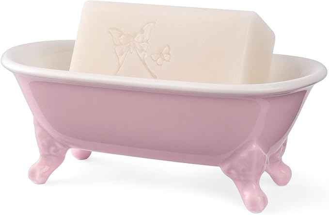 6.5" Ceramic Mini Decorative Clawfoot Bathtub Bar Soap Dish, Kitchen Sponge Holder and Shower Tray for Bathroom, 1 Pack (Pink)