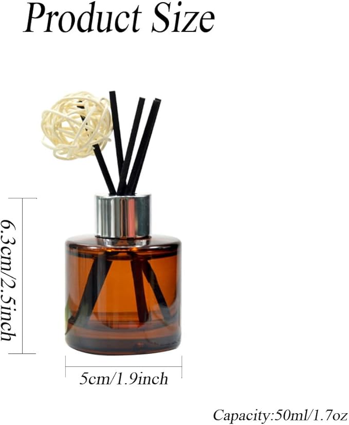 2Pcs 50Ml/1.7oz Empty Amber Round Glass Diffuser Bottles with Silver Cap Refillable Essential Oil Jars Containers Fragrance Accessories Use for DIY Crafts Decor (Diffuser Sticks Excluded)