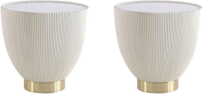 Manhattan Comfort Anderson Modern 18" Round End Table 2.0 | Ceramic Marble Tabletop, Elegant Pleated Leatherette Design & Gold Stainless Steel Base, Fully Assembled Accent Furniture, Set of 2, Cream