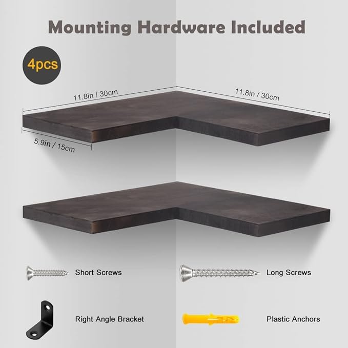 Natural Wood Set of 4 Wall Mount Bathroom Corner Shelves floating Corner Shelf L-shaped Floating Corner Shelves for Bedroom Kitchen Office Livingroom Rustic Corner Display Shelf Carbonized Black