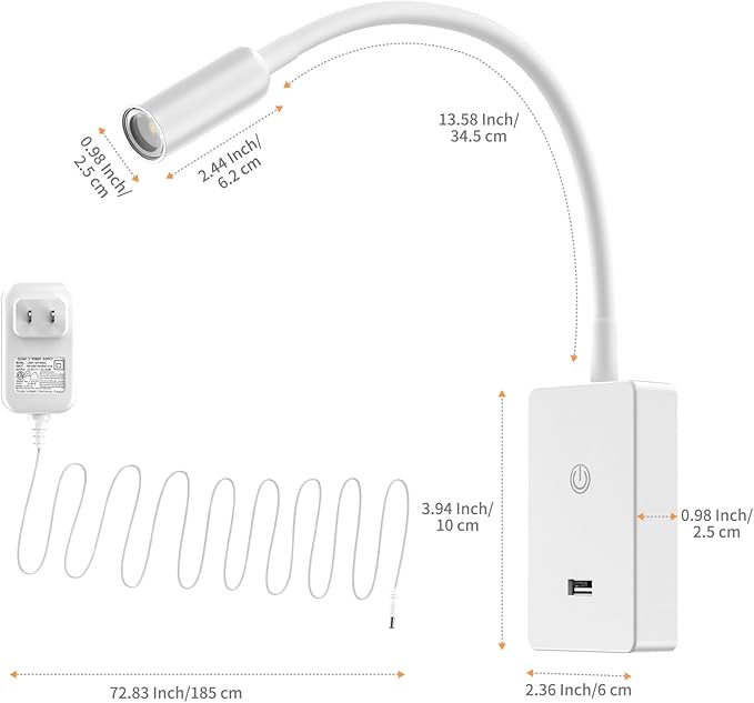 LED Wall Mounted Bedside Reading Light, Touch Dimmable Spot Lamp for Bedroom Headboard Light with 5V2A USB Port, Flexible Gooseneck, 4 Brightness Levels, Neutral White 4000K Lighting
